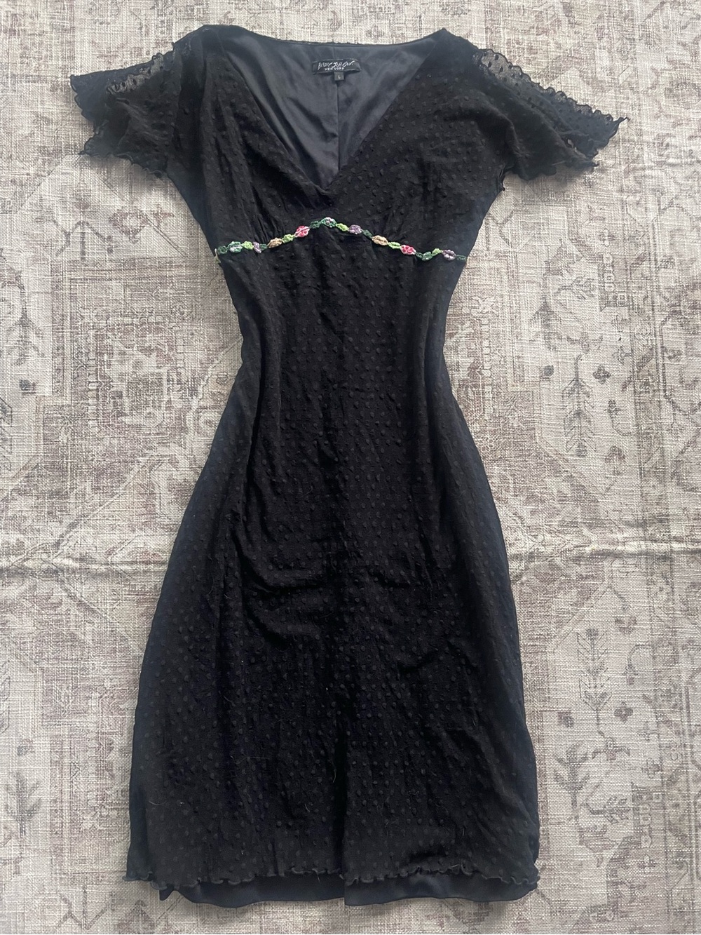 Betsey Johnson Y2K 00’s Sheer Mesh Black Dress with Floral Embroidered Trim